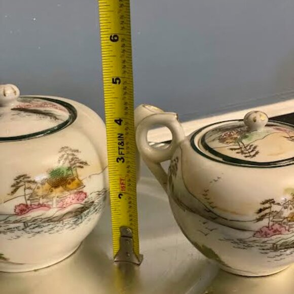 Set of Japanese Lidded Teapot and Sugar Bowl Hand Painted Geisha Girl Porcelain - Picture 15 of 15